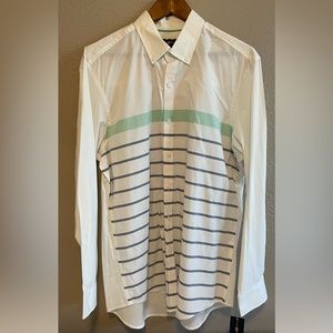 Men’s Lightweight Long Sleeved Button Down Shirt White with Stripes-Gray & Green